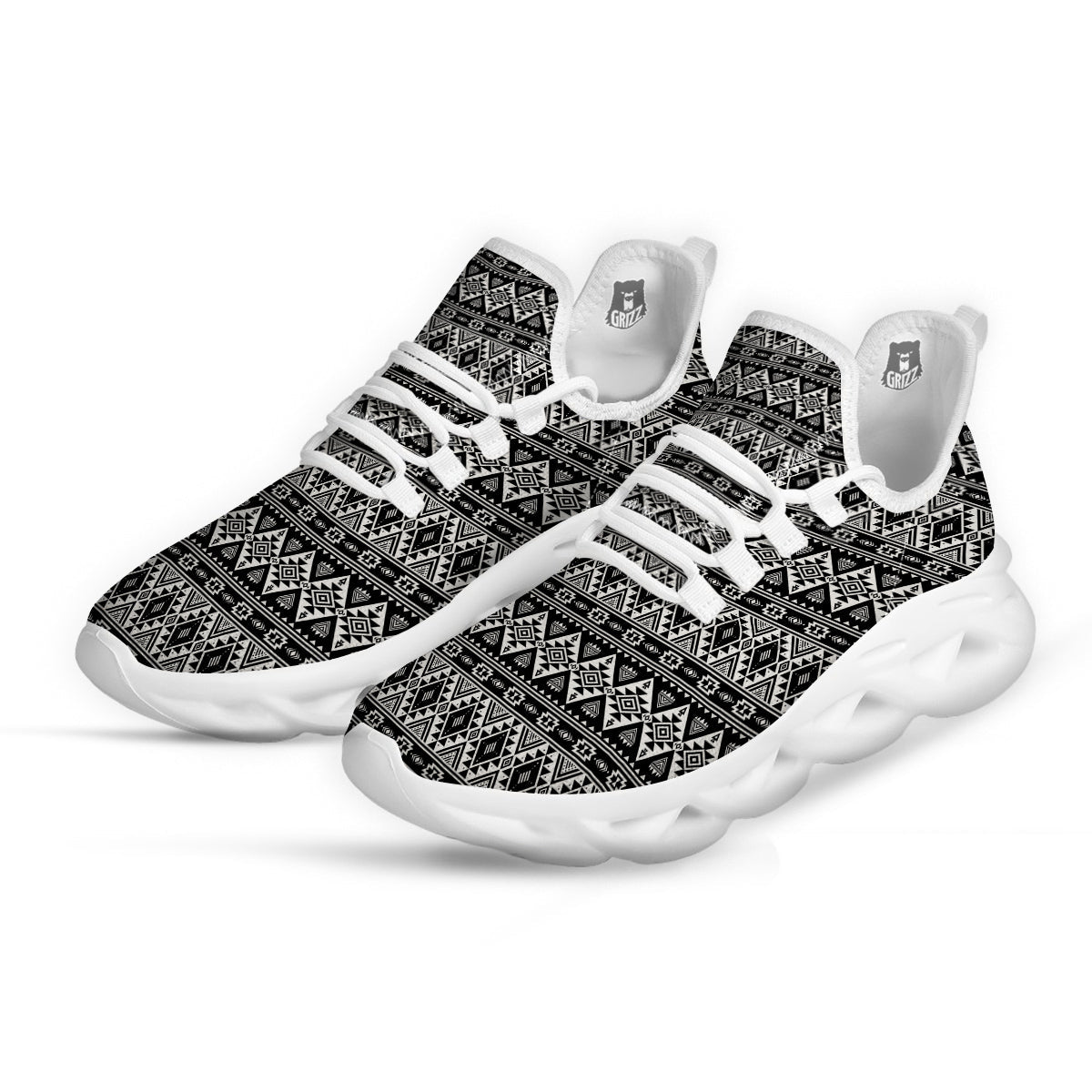 Aztec Dark Grey Print Pattern White Running Shoes-grizzshop