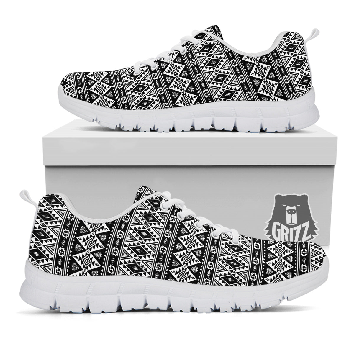 Aztec Dark Grey Print Pattern White Sneaker-grizzshop