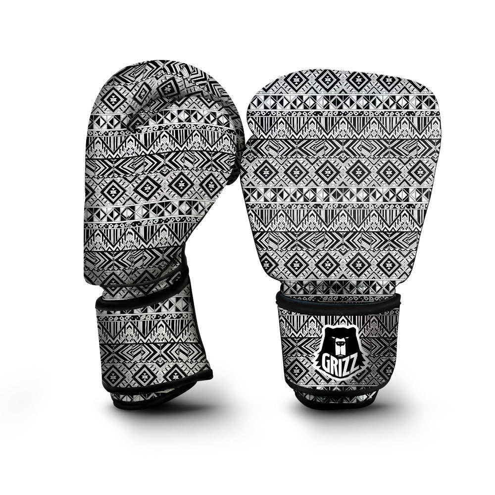 Aztec Ethnic White And Black Print Boxing Gloves-grizzshop