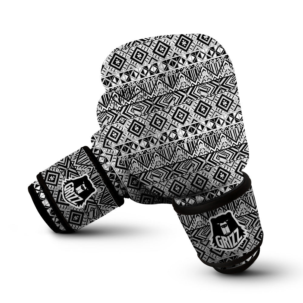 Aztec Ethnic White And Black Print Boxing Gloves-grizzshop