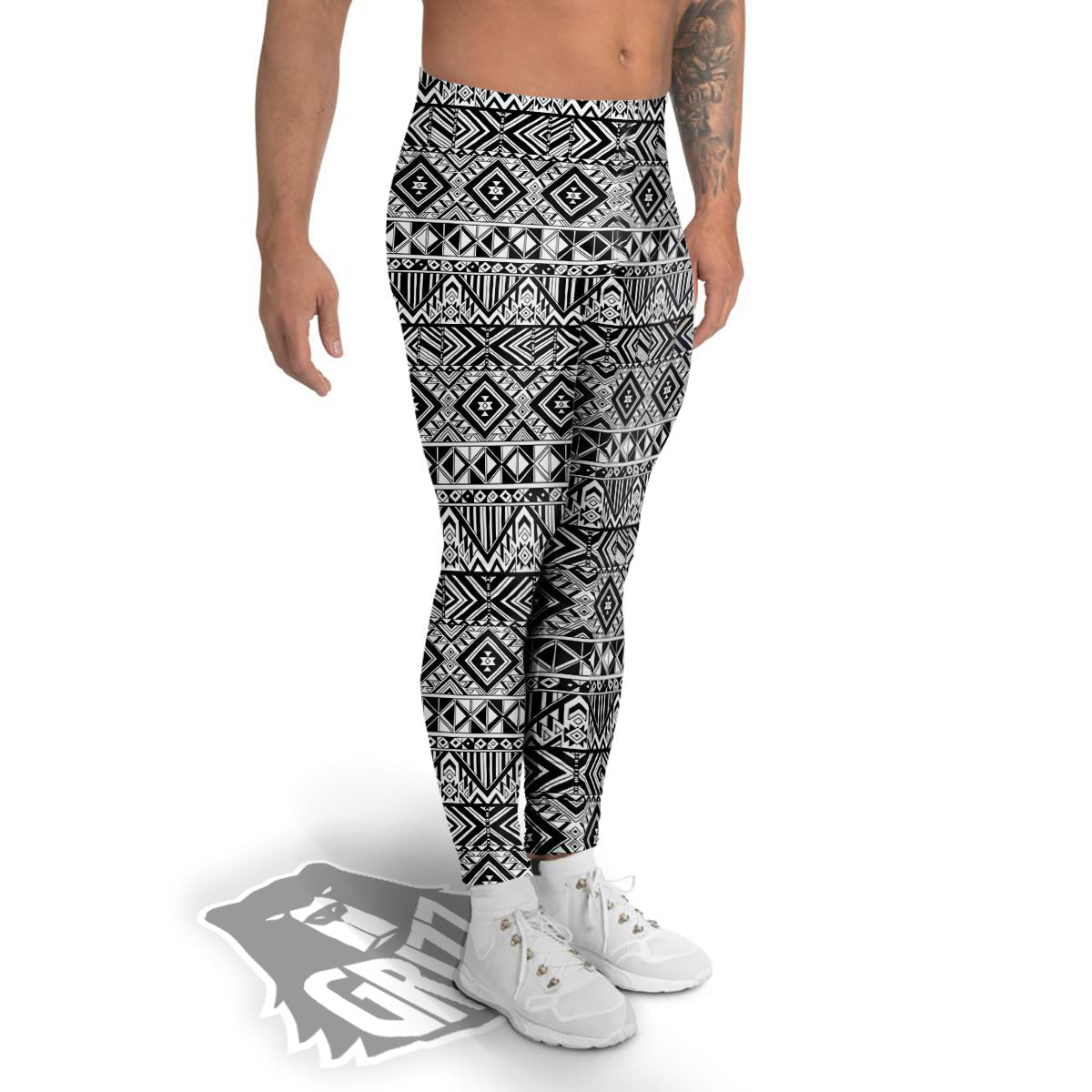 Aztec Ethnic White And Black Print Men's Leggings-grizzshop