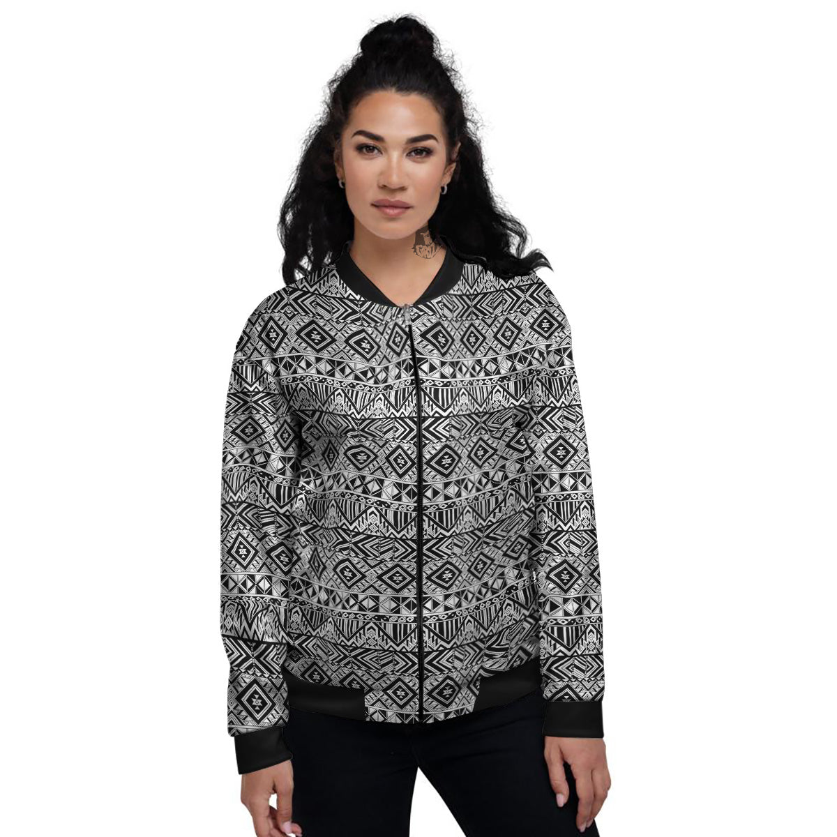Aztec Ethnic White And Black Print Women's Bomber Jacket-grizzshop