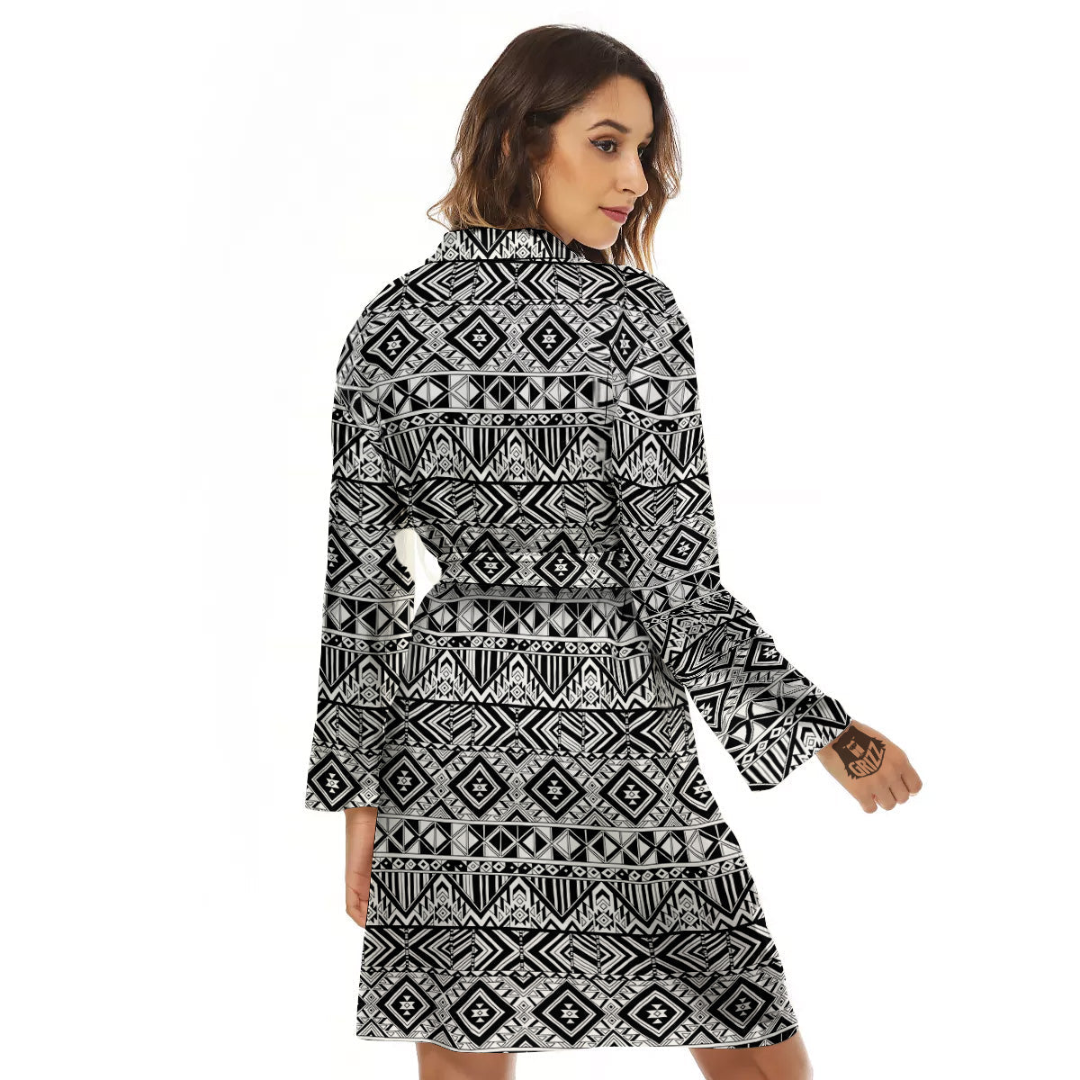 Aztec Ethnic White And Black Print Women's Robe-grizzshop