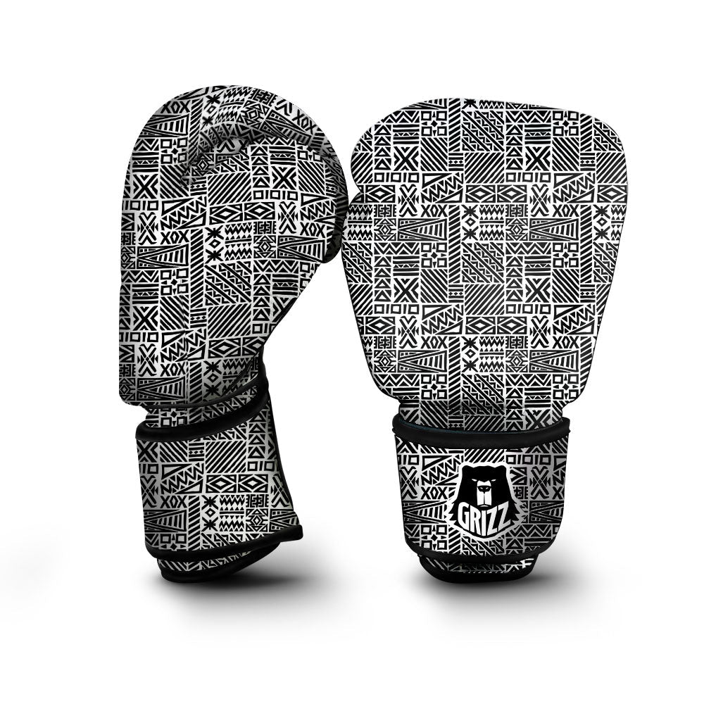 Aztec Geometric White And Black Print Boxing Gloves-grizzshop