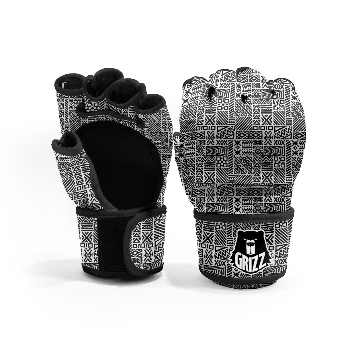 Aztec Geometric White And Black Print MMA Gloves-grizzshop