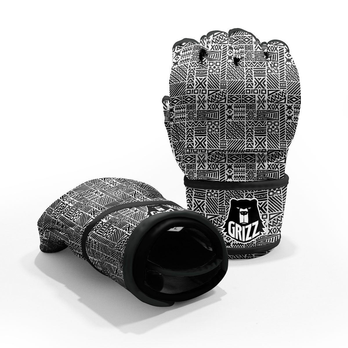 Aztec Geometric White And Black Print MMA Gloves-grizzshop