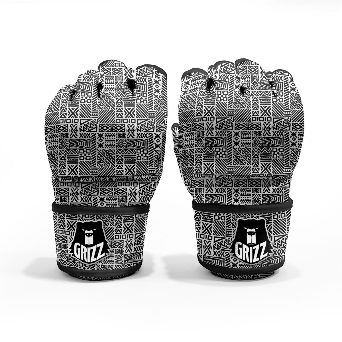 Aztec Geometric White And Black Print MMA Gloves-grizzshop
