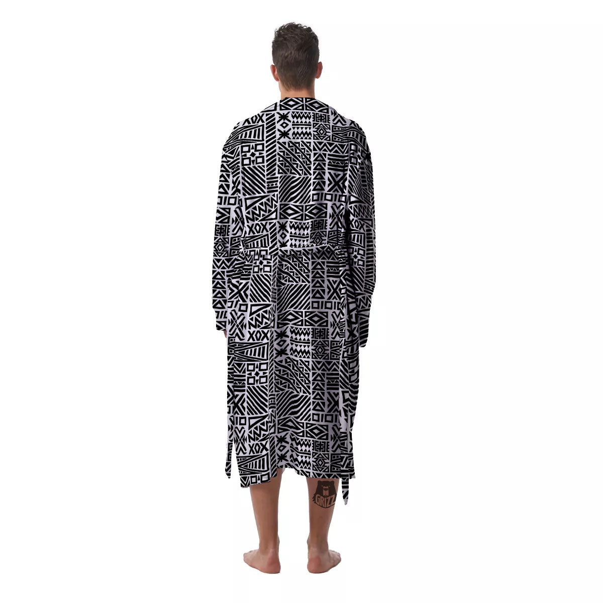 Aztec Geometric White And Black Print Men's Robe-grizzshop