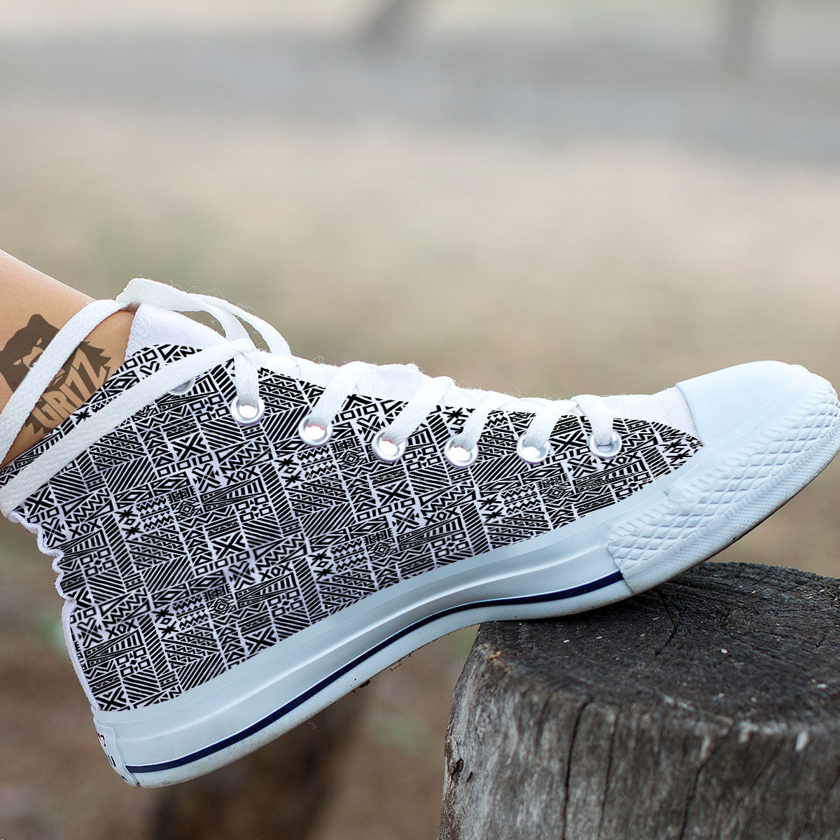 Aztec Geometric White And Black Print White High Top Shoes-grizzshop