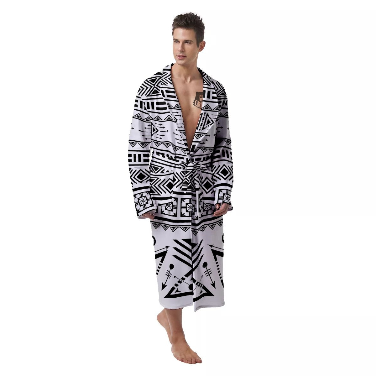 Aztec Grey And White Print Pattern Men's Robe-grizzshop