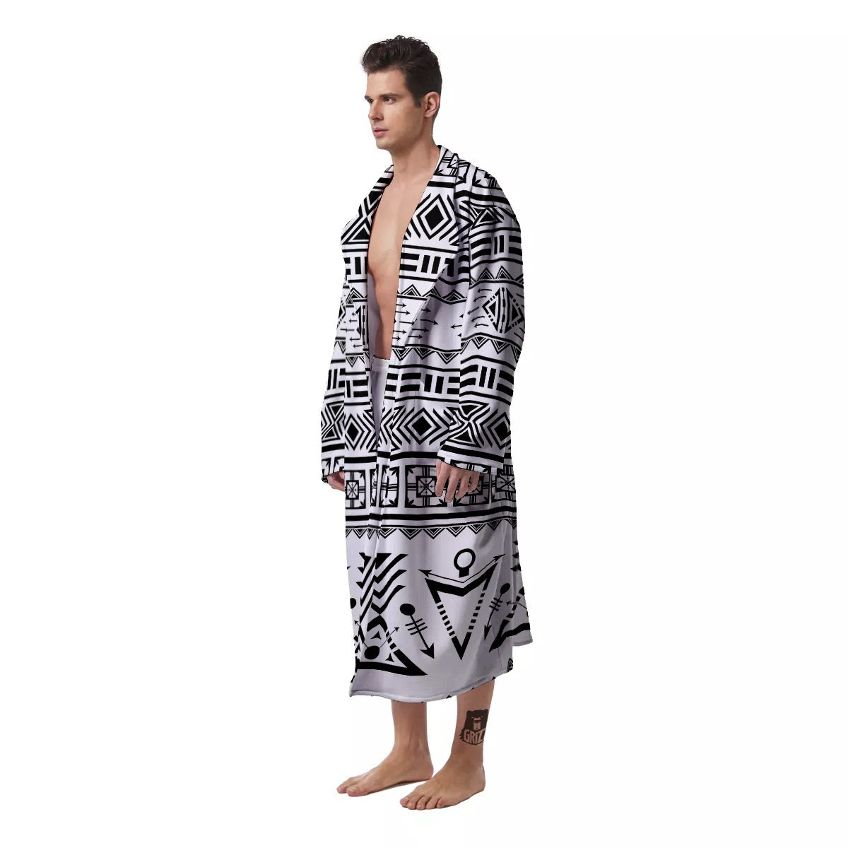 Aztec Grey And White Print Pattern Men's Robe-grizzshop