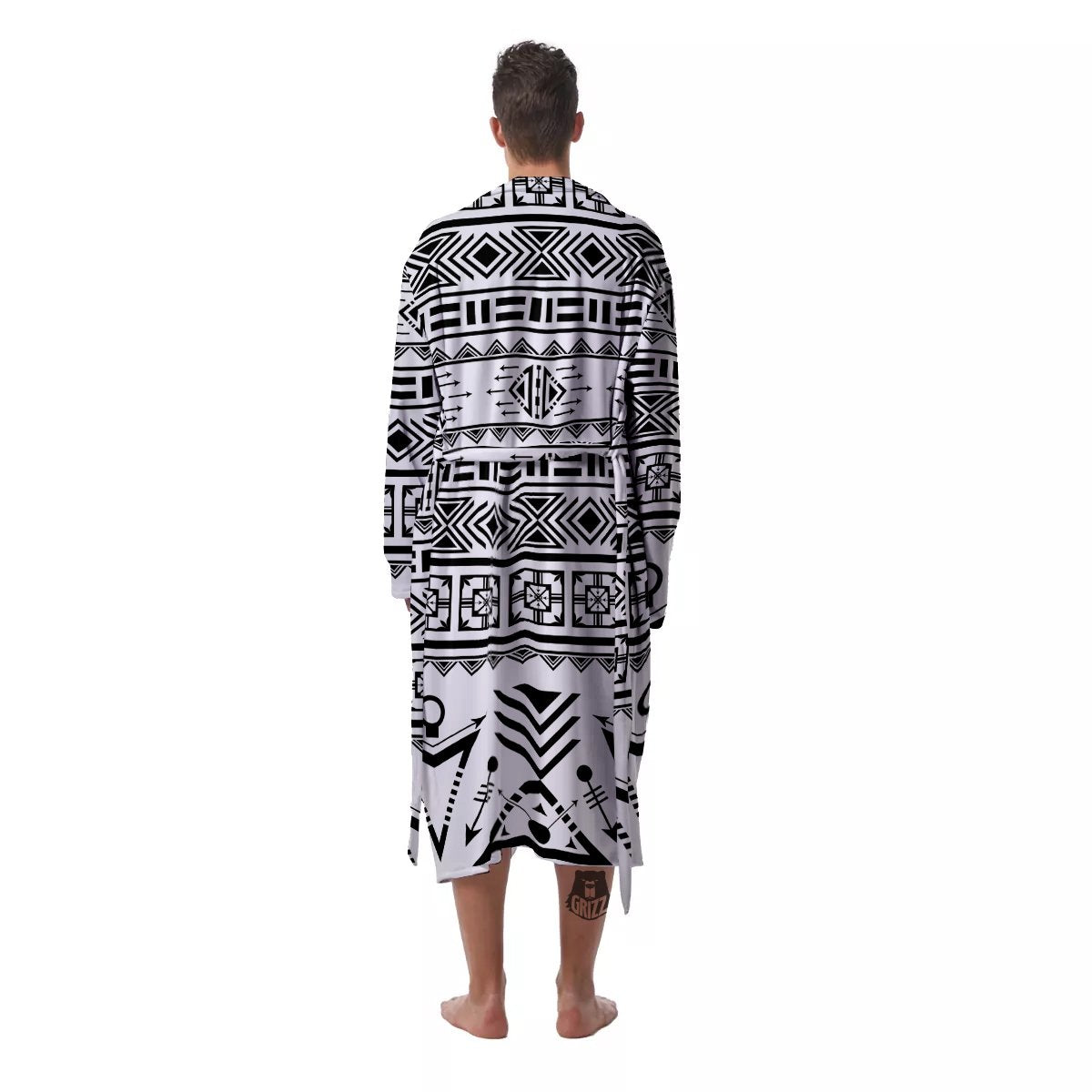 Aztec Grey And White Print Pattern Men's Robe-grizzshop