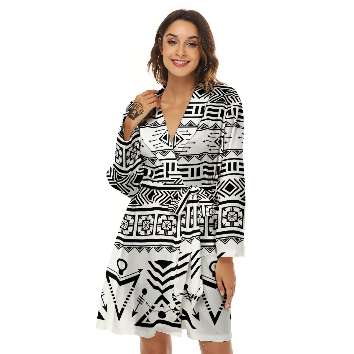 Aztec Grey And White Print Pattern Women's Robe-grizzshop