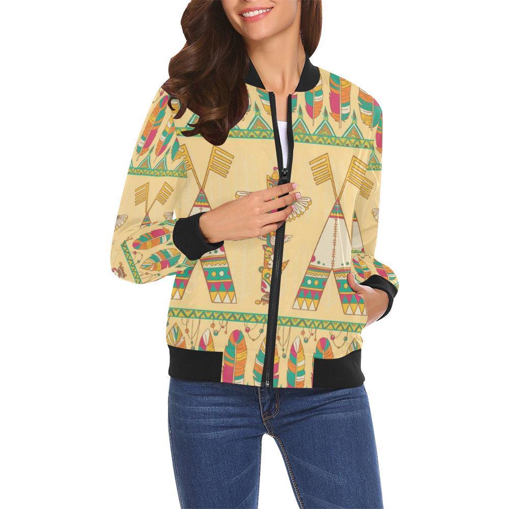 Aztec Indians Navajo Tribal Native American Print Women Casual Bomber Jacket-grizzshop