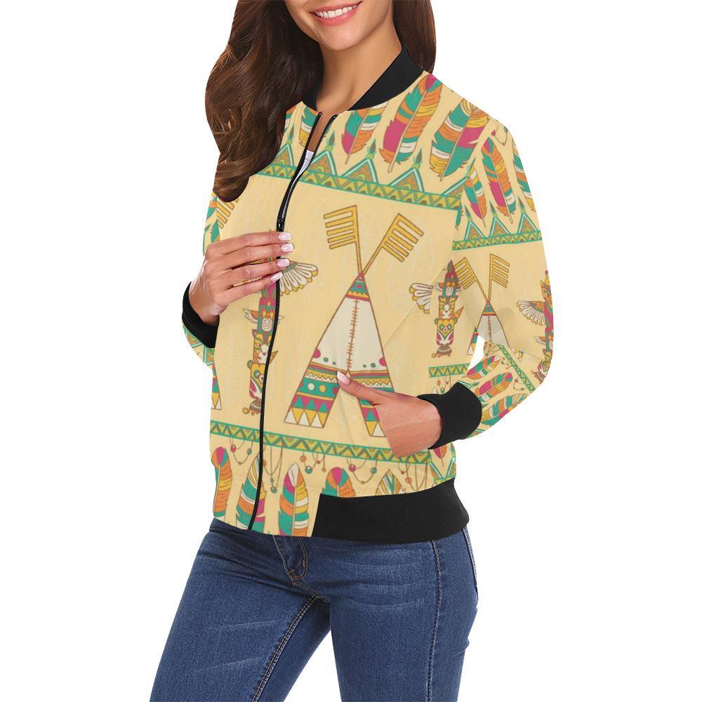 Aztec Indians Navajo Tribal Native American Print Women Casual Bomber Jacket-grizzshop