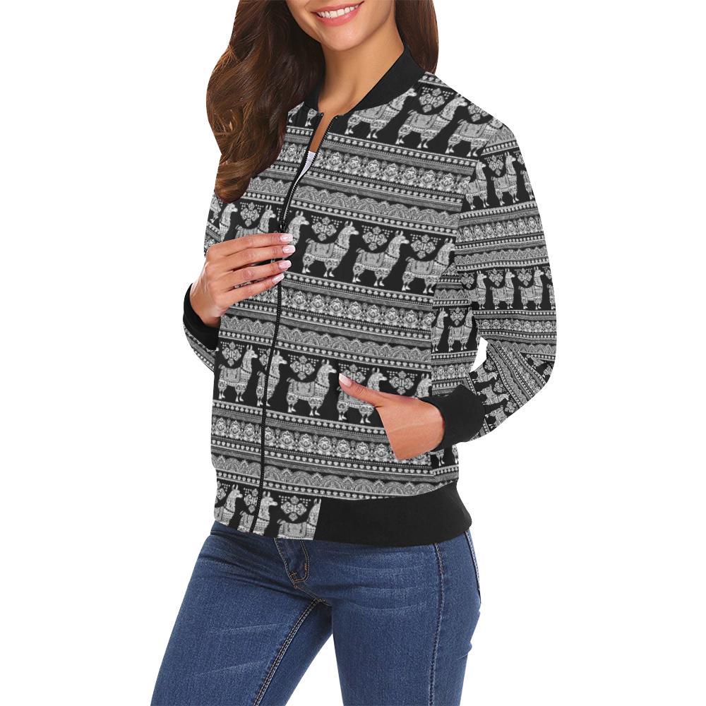Aztec Llama Pattern Print Women Casual Bomber Jacket-grizzshop