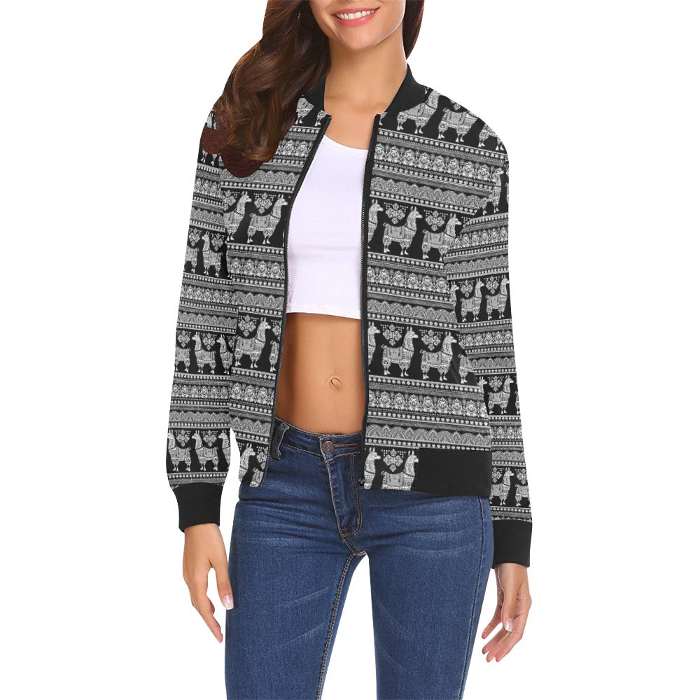 Aztec Llama Pattern Print Women Casual Bomber Jacket-grizzshop