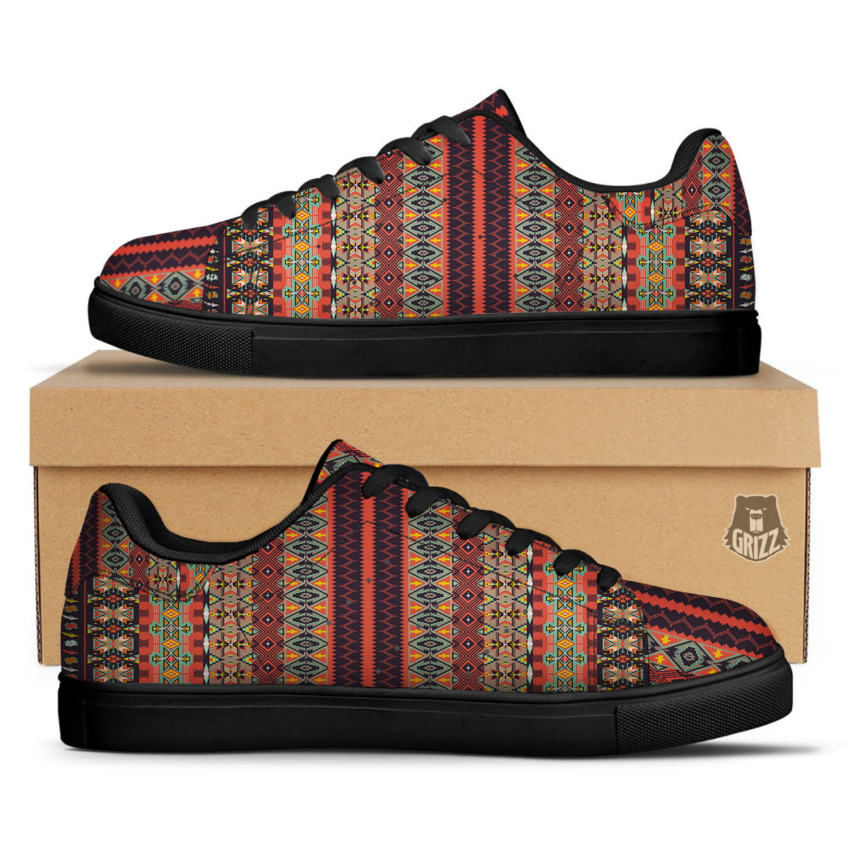 Aztec Native Tribal Print Pattern Black Low Top Sneakers-grizzshop
