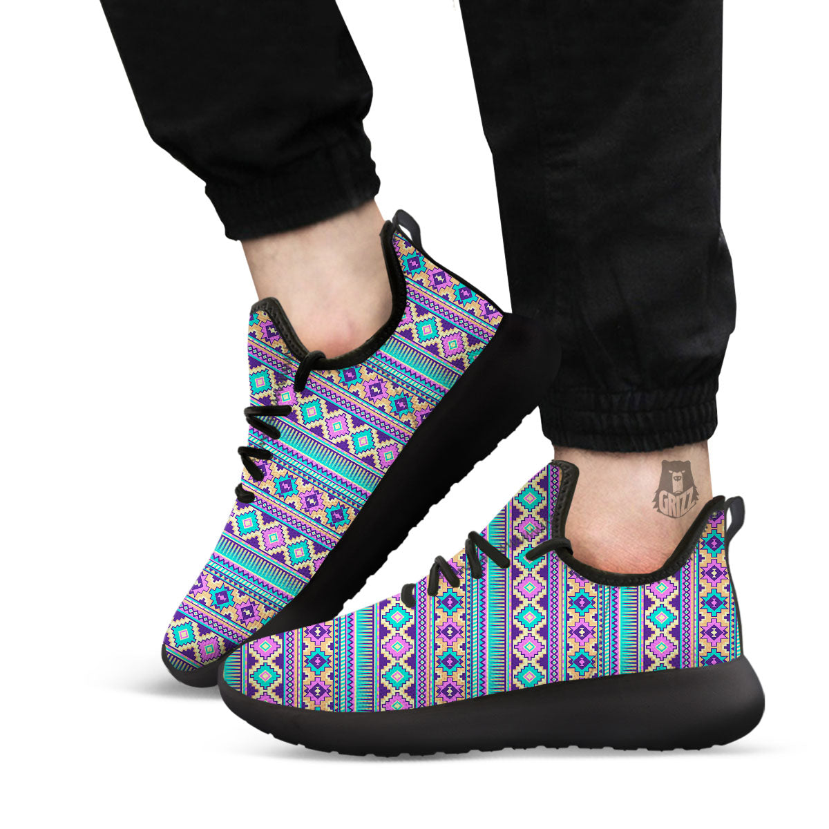 Aztec Neon Native Print Pattern Black Athletic Shoes-grizzshop