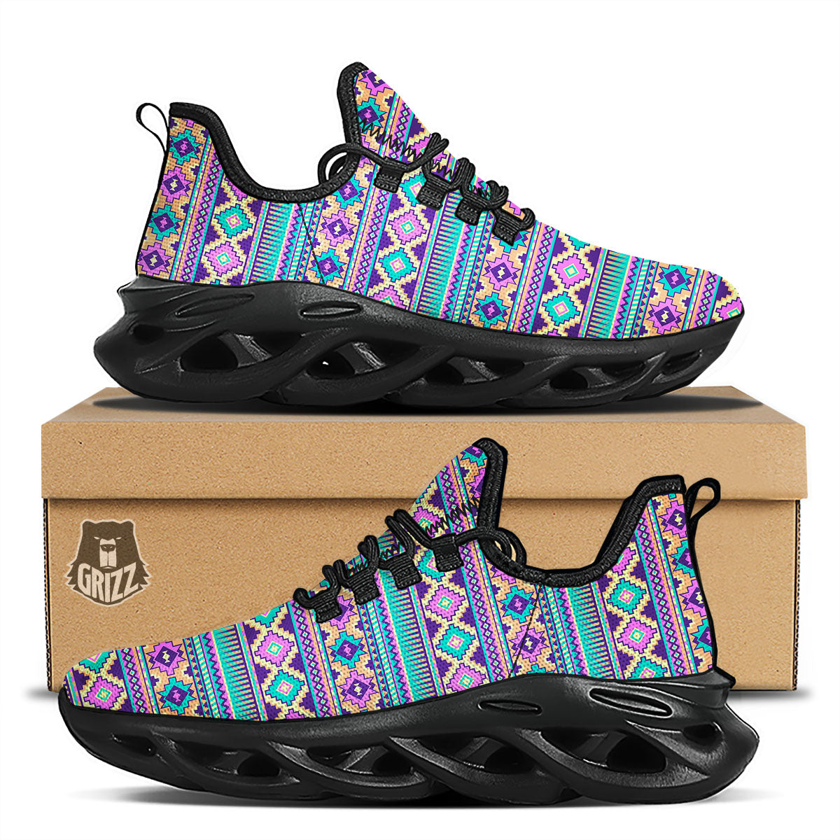 Aztec Neon Native Print Pattern Black Running Shoes-grizzshop