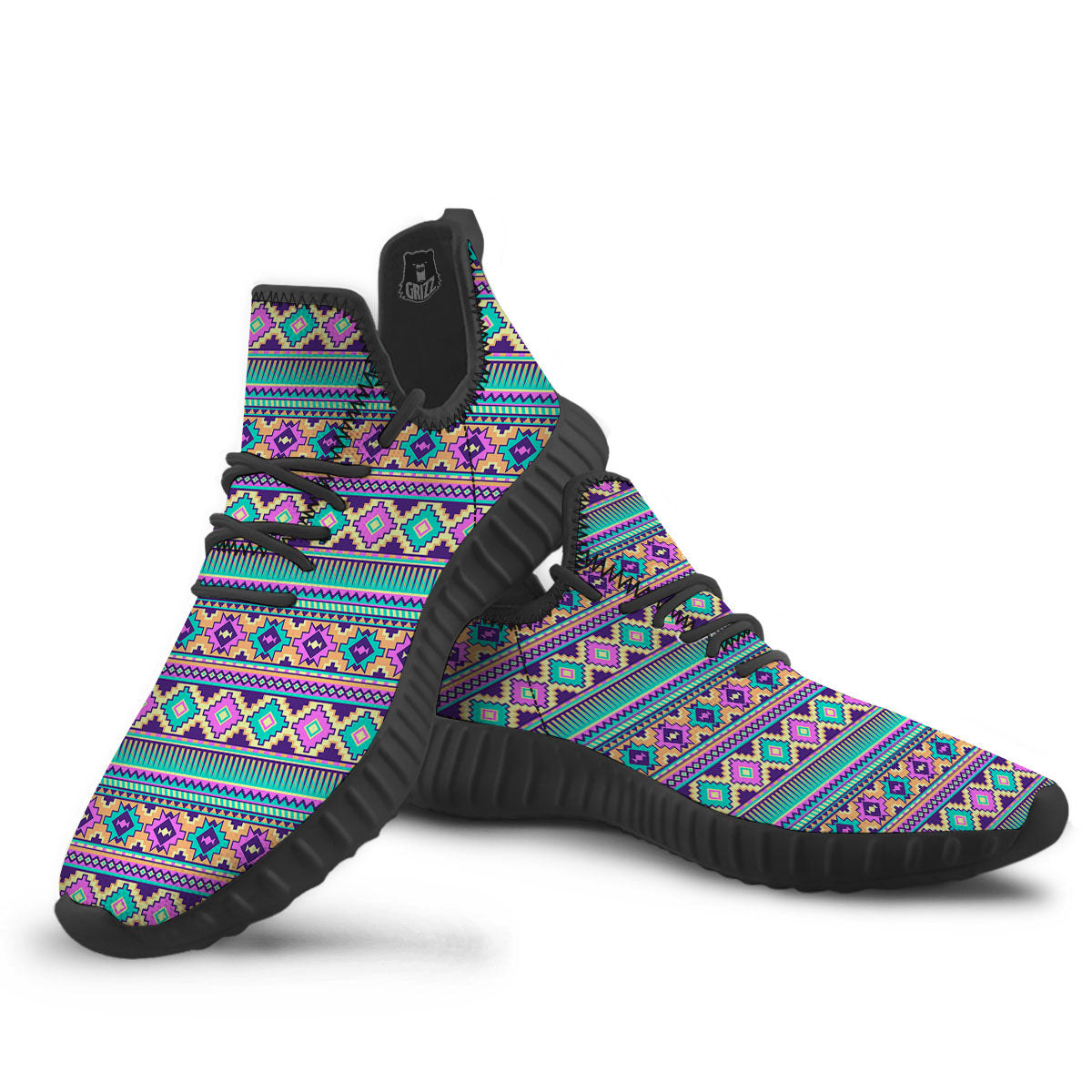 Aztec Neon Native Print Pattern Black Walking Shoes-grizzshop