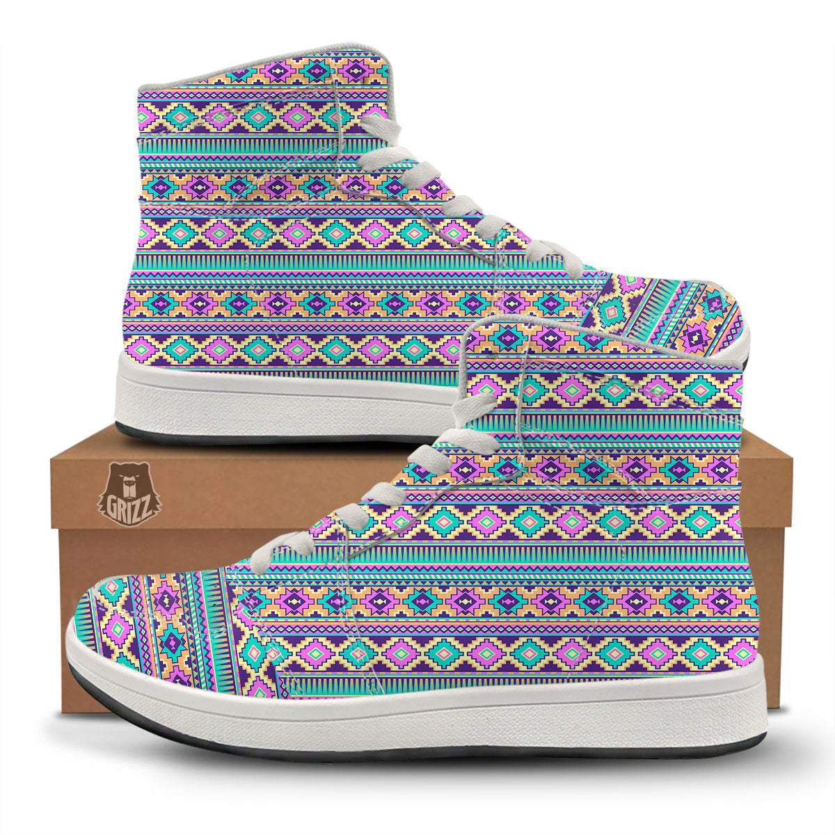 Aztec Neon Native Print Pattern High Top Sneakers-grizzshop