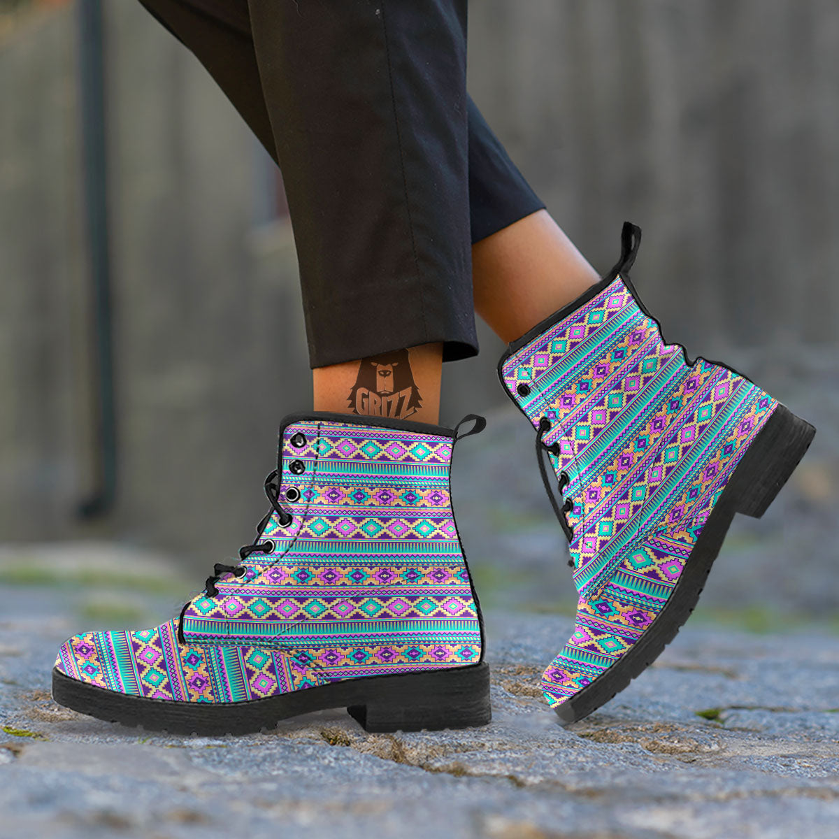 Aztec Neon Native Print Pattern Leather Boots-grizzshop