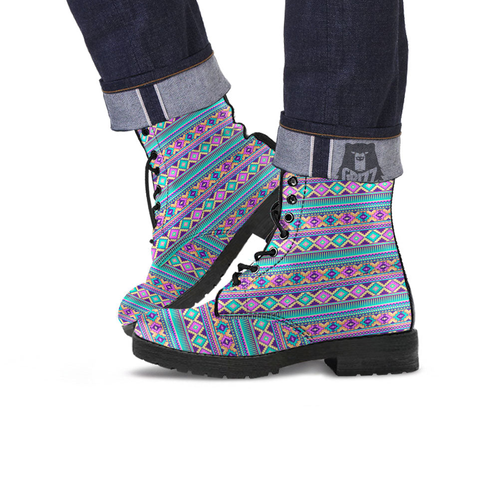 Aztec Neon Native Print Pattern Leather Boots-grizzshop