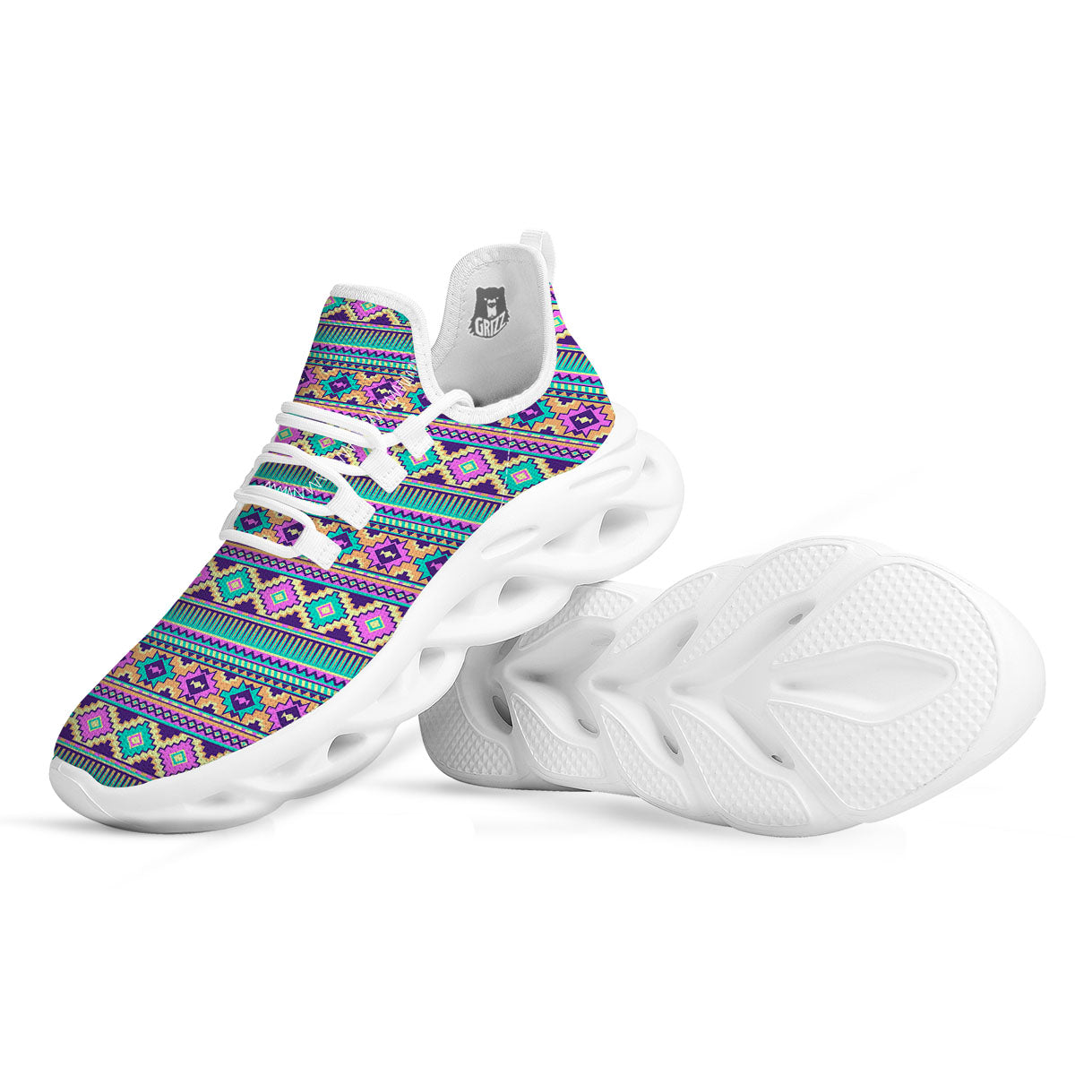 Aztec Neon Native Print Pattern White Running Shoes-grizzshop