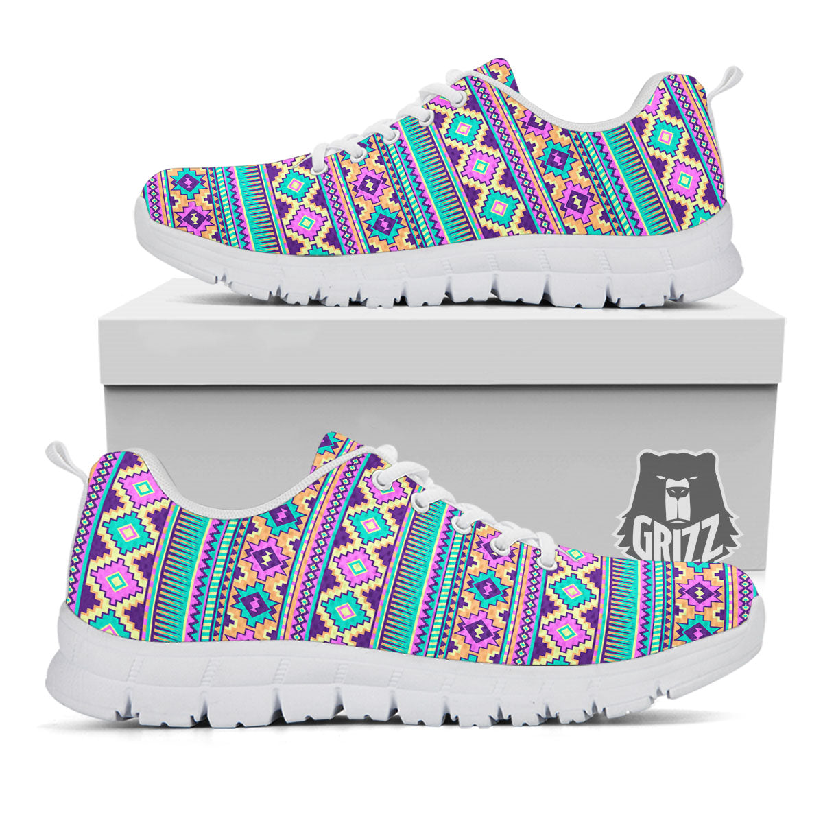 Aztec Neon Native Print Pattern White Sneaker-grizzshop