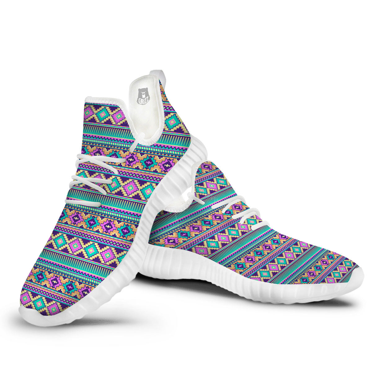 Aztec Neon Native Print Pattern White Walking Shoes-grizzshop