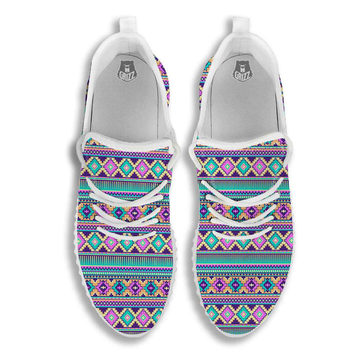 Aztec Neon Native Print Pattern White Walking Shoes-grizzshop