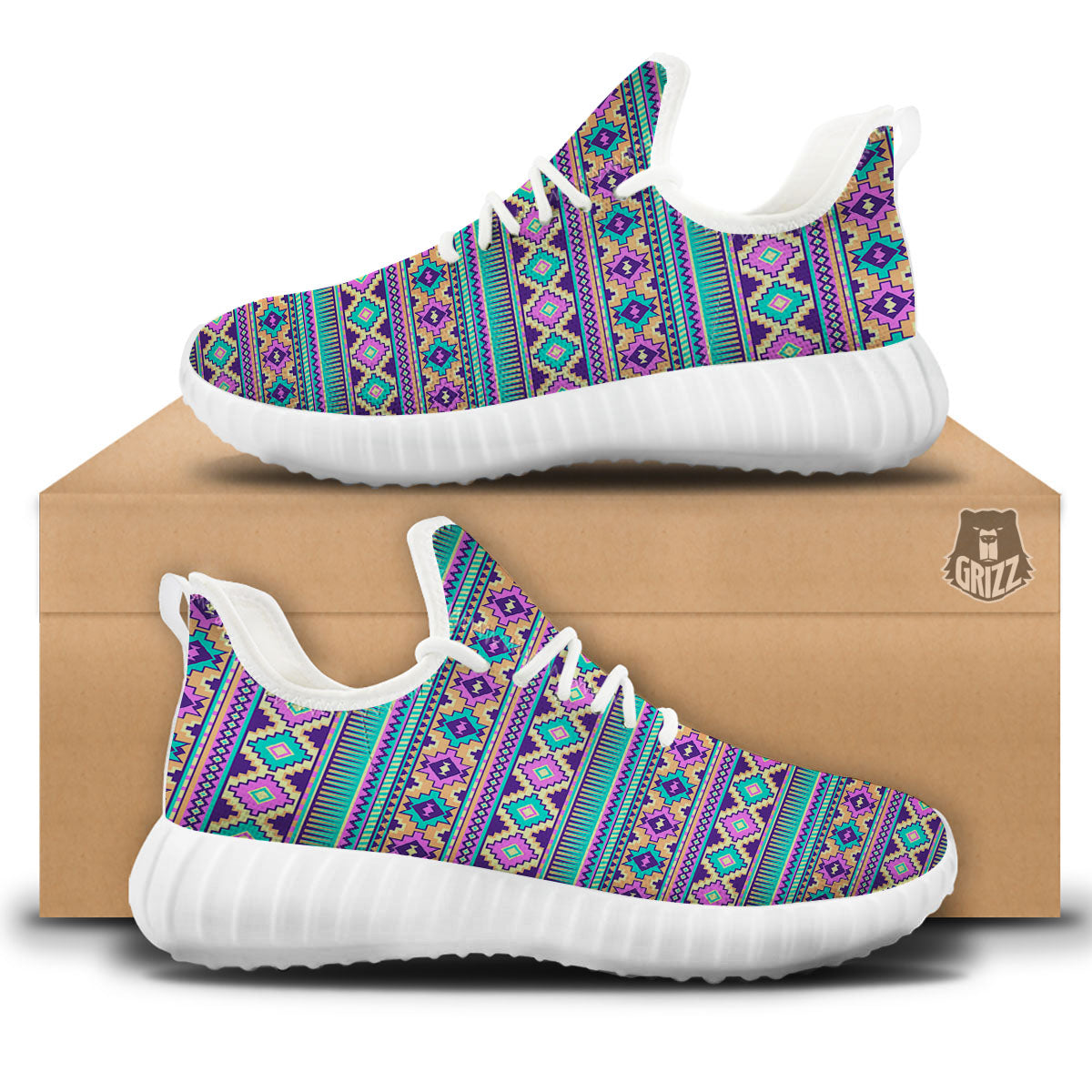 Aztec Neon Native Print Pattern White Walking Shoes-grizzshop