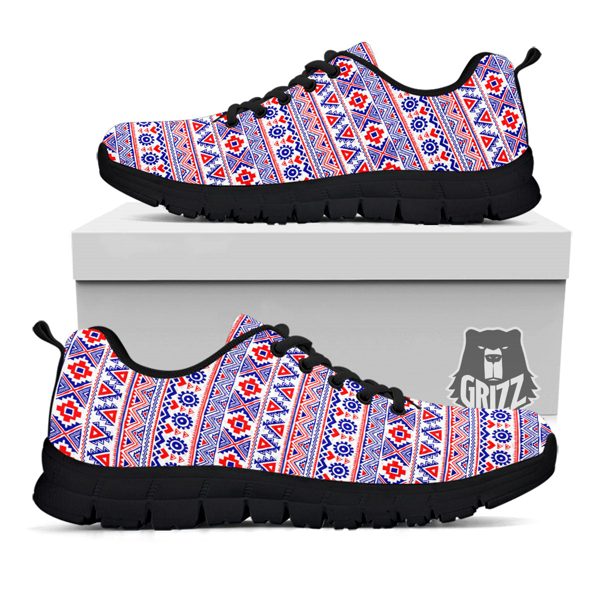 Aztec Red And Blue Print Pattern Black Sneaker-grizzshop