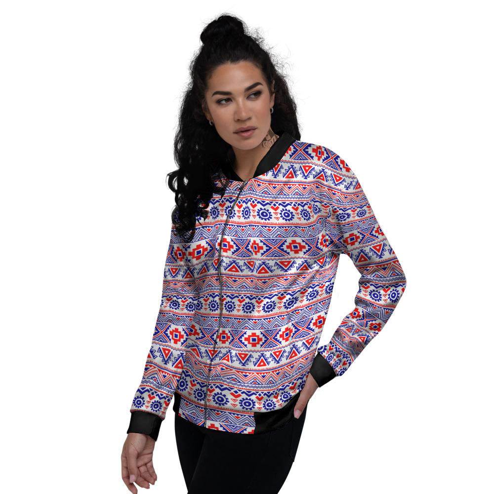 Aztec Red And Blue Print Pattern Women's Bomber Jacket-grizzshop