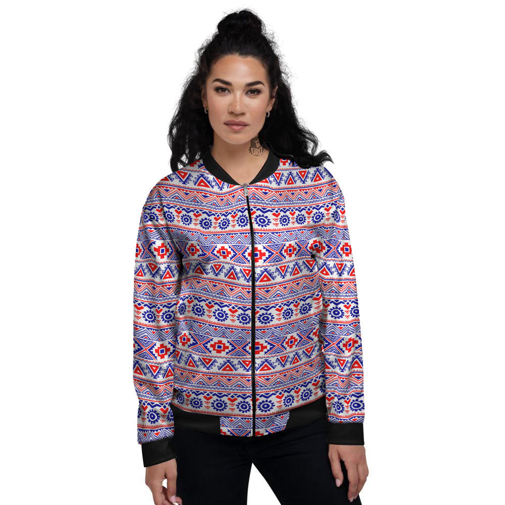 Aztec Red And Blue Print Pattern Women's Bomber Jacket-grizzshop