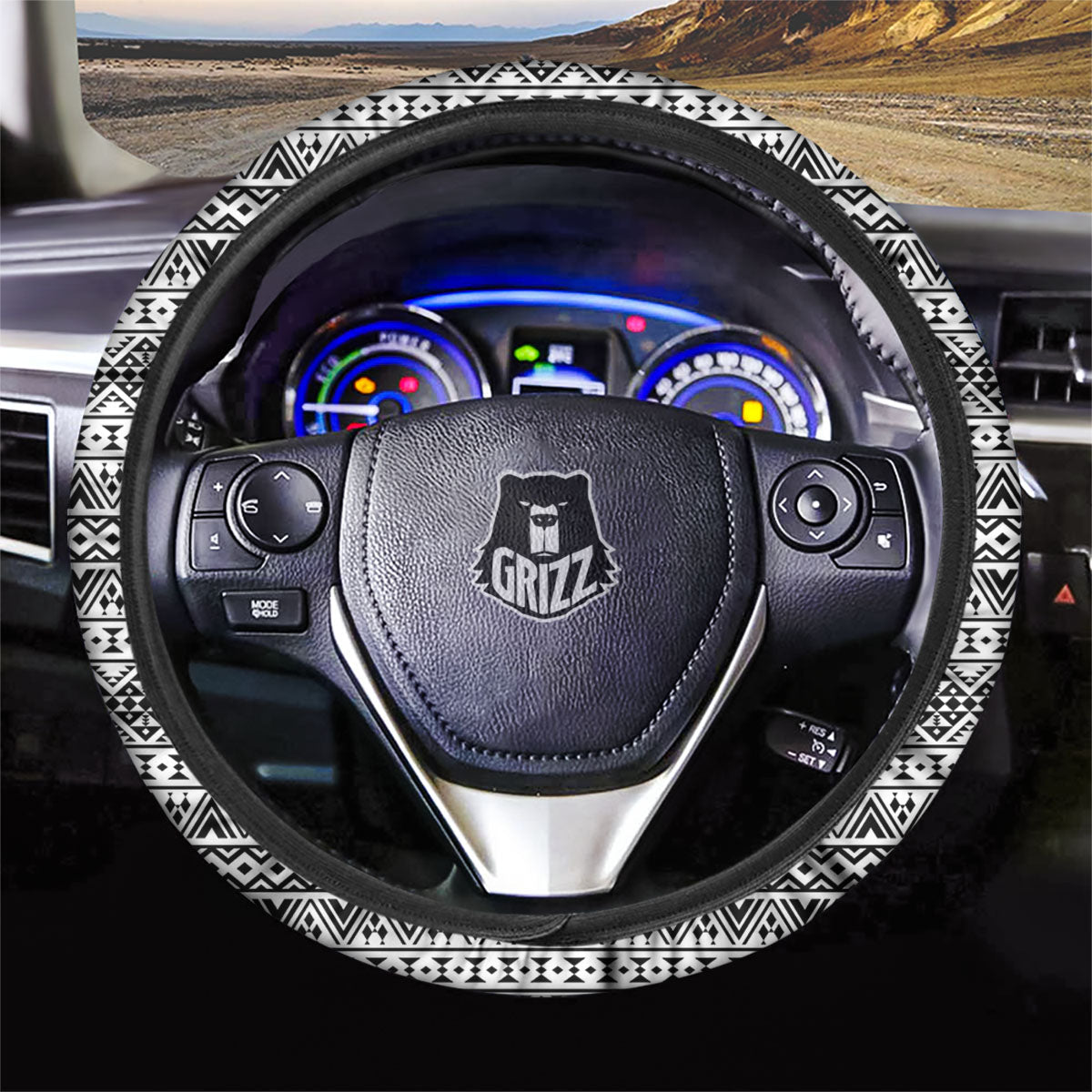 Aztec Texture White And Black Print Pattern Car Steering Wheel Cover-grizzshop