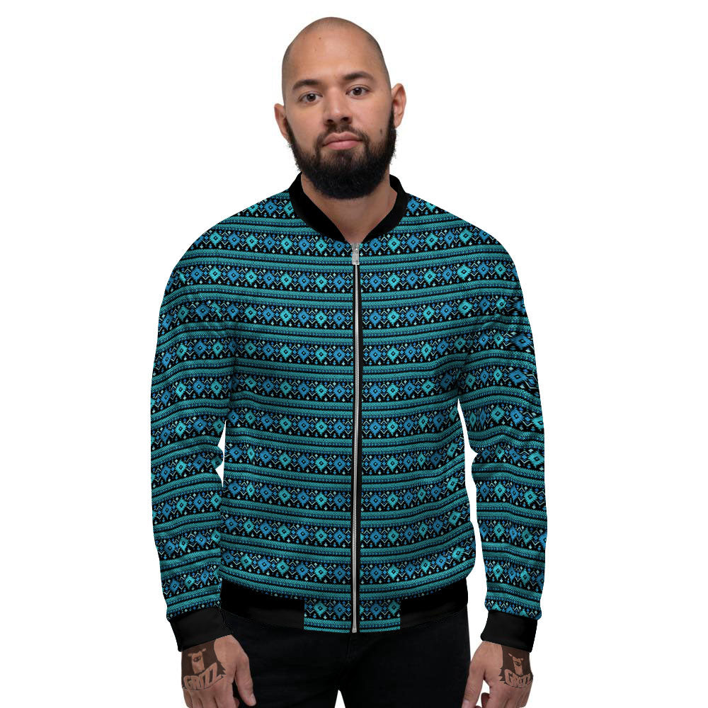 Aztec Tribal Blue Native Print Pattern Men's Bomber Jacket-grizzshop