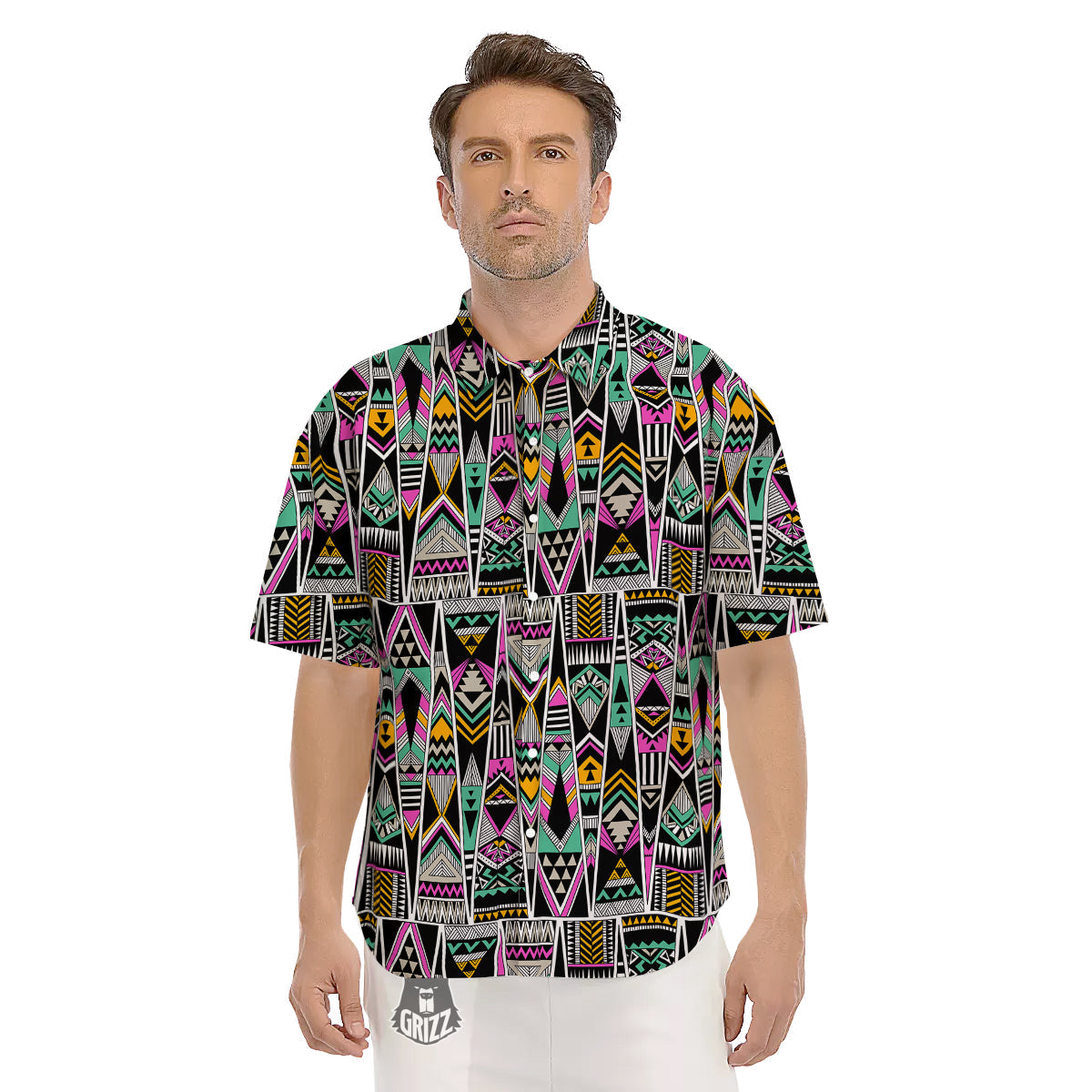 Aztec Tribal Vintage Print Pattern Men's Short Sleeve Shirts-grizzshop