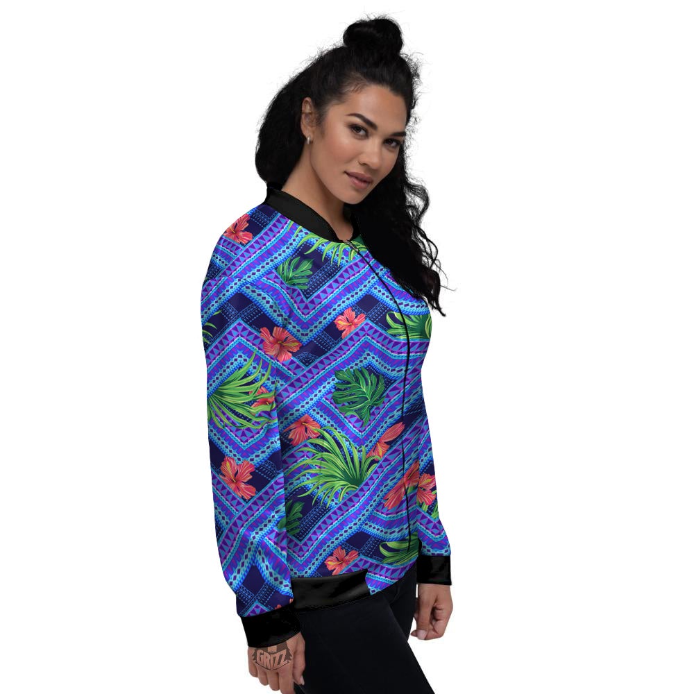 Aztec Tropical Hibiscus Flower Print Pattern Women's Bomber Jacket-grizzshop