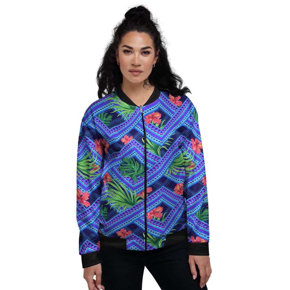 Aztec Tropical Hibiscus Flower Print Pattern Women's Bomber Jacket-grizzshop