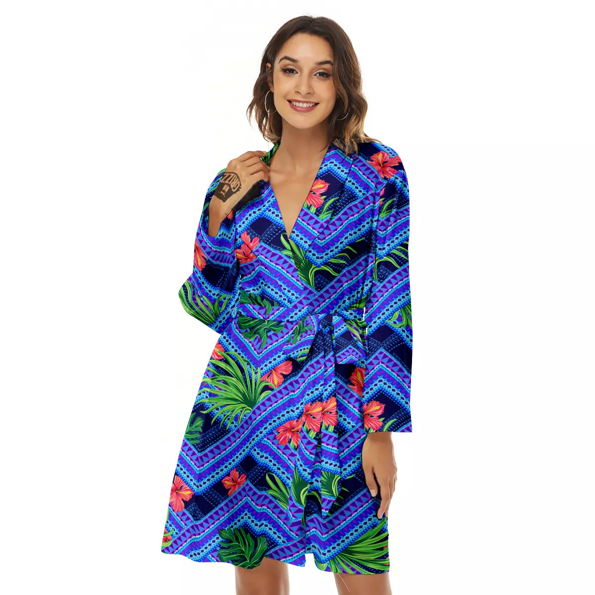 Aztec Tropical Hibiscus Flower Print Pattern Women's Robe-grizzshop