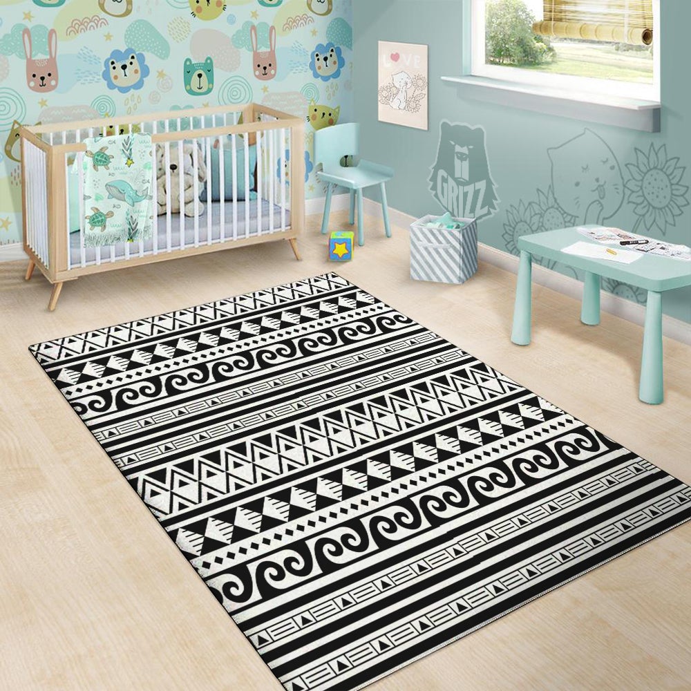 Aztec White And Black Print Pattern Floor Mat-grizzshop