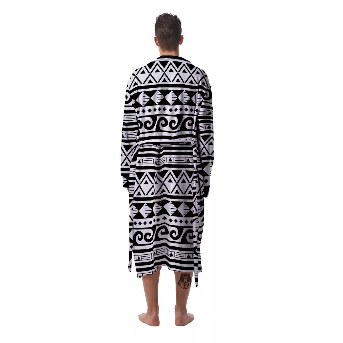 Aztec White And Black Print Pattern Men's Robe-grizzshop
