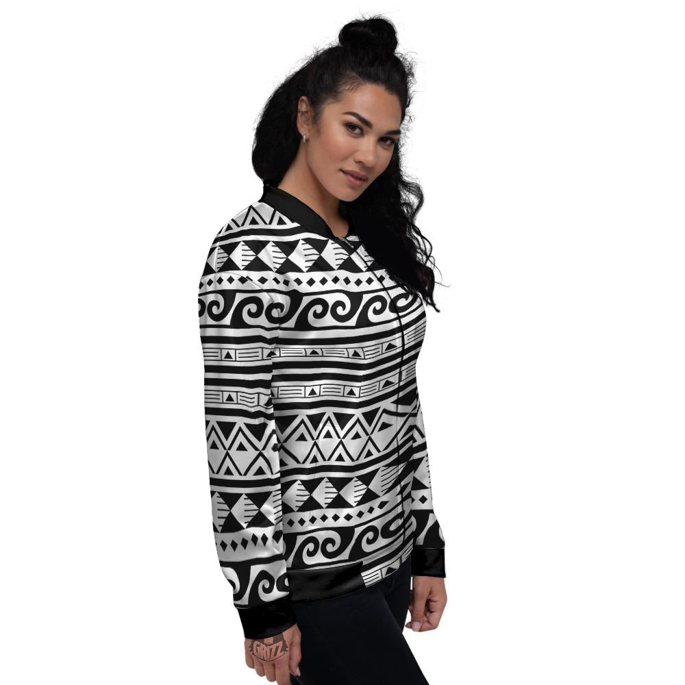 Aztec White And Black Print Pattern Women's Bomber Jacket-grizzshop