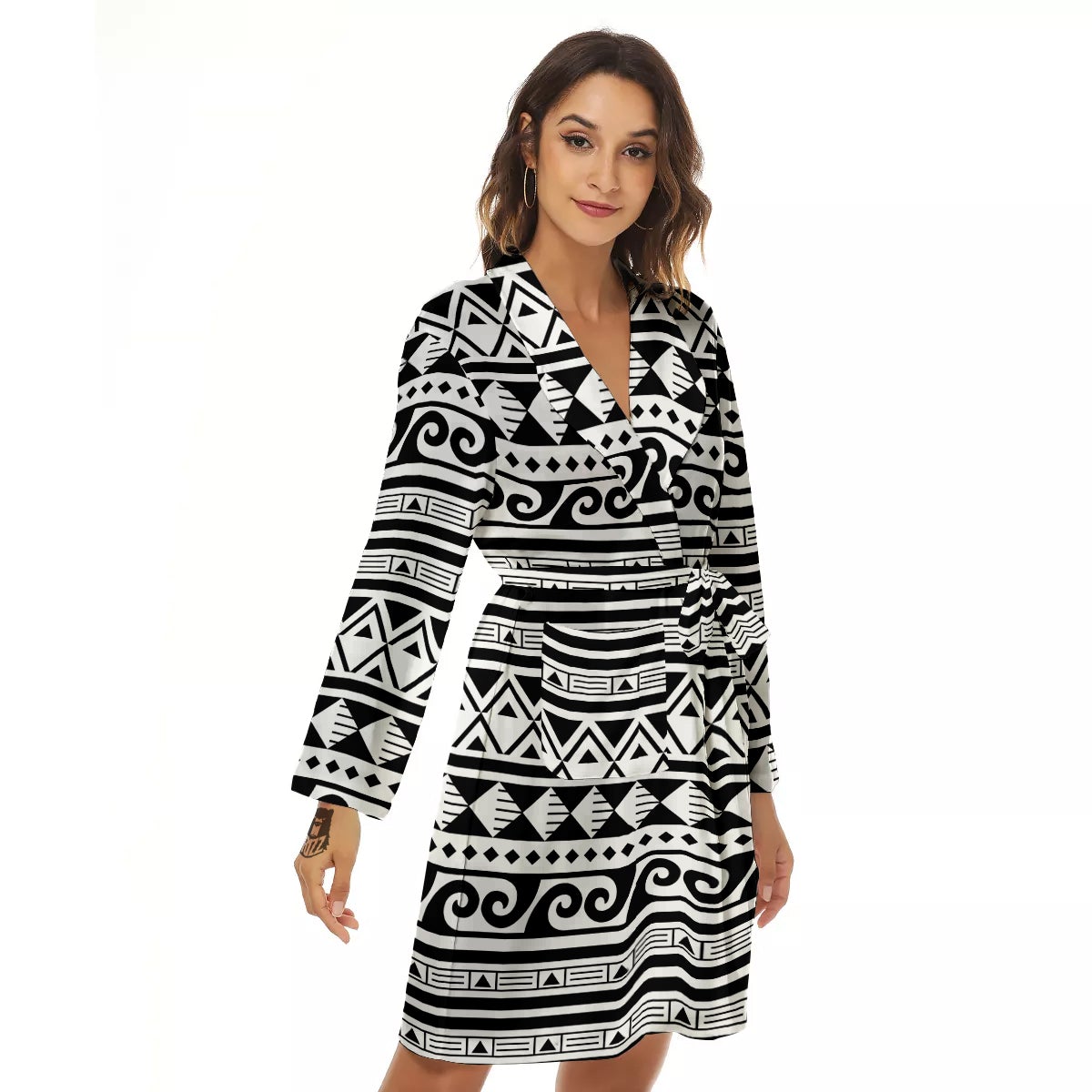 Aztec White And Black Print Pattern Women's Robe-grizzshop