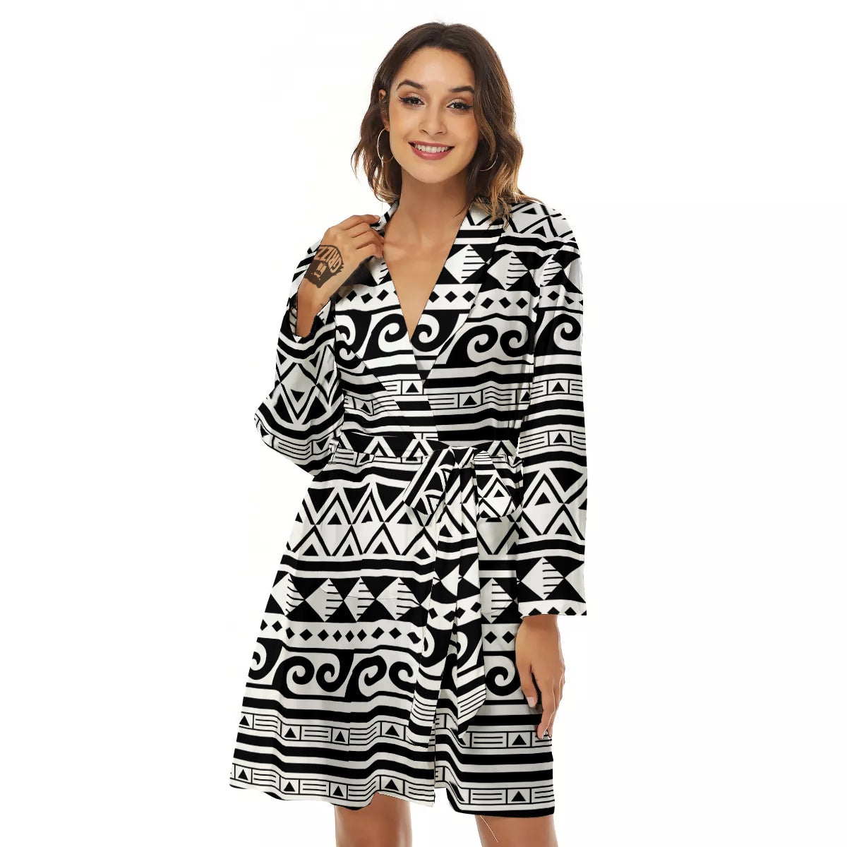 Aztec White And Black Print Pattern Women's Robe-grizzshop
