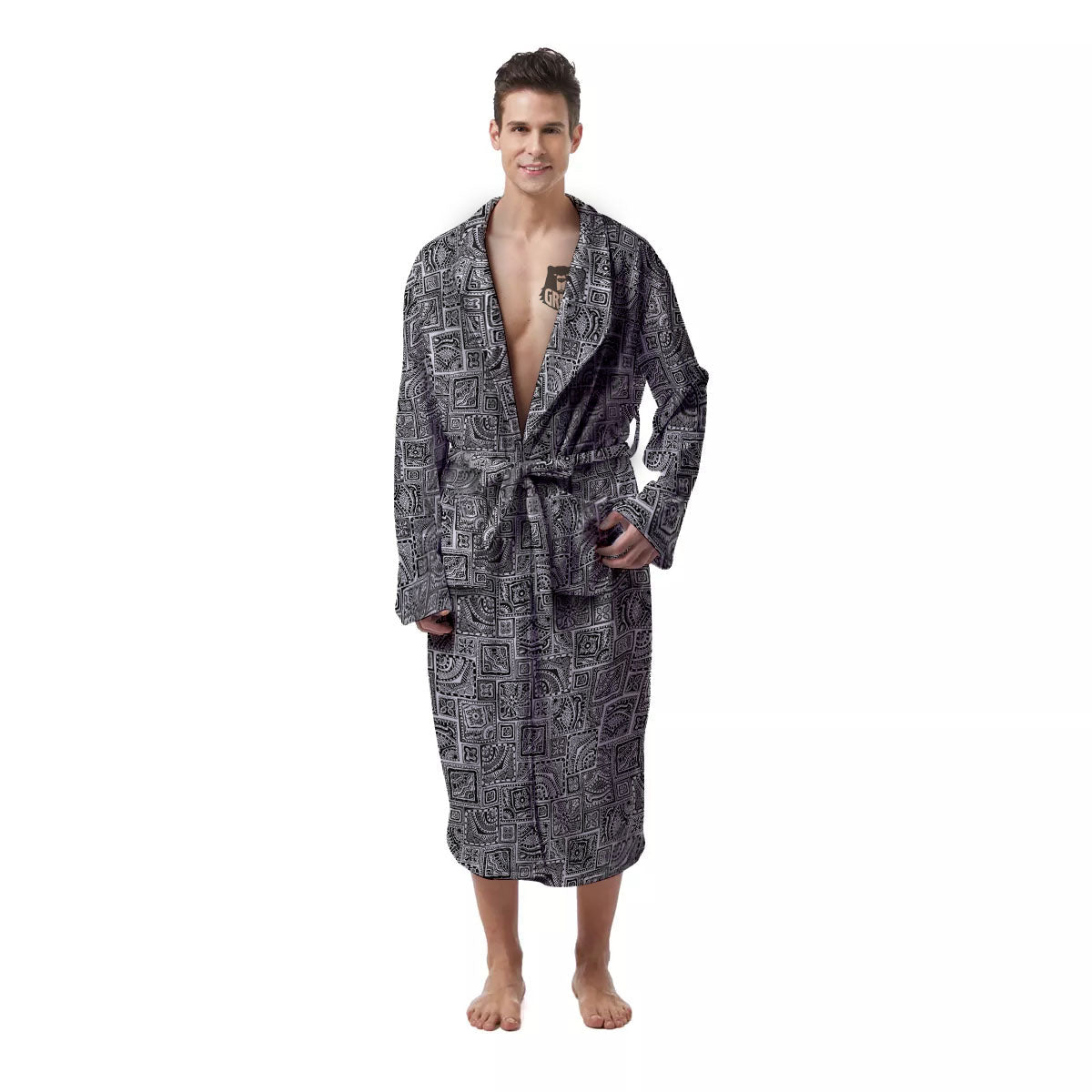 Aztec White And Grey Print Pattern Men's Robe-grizzshop