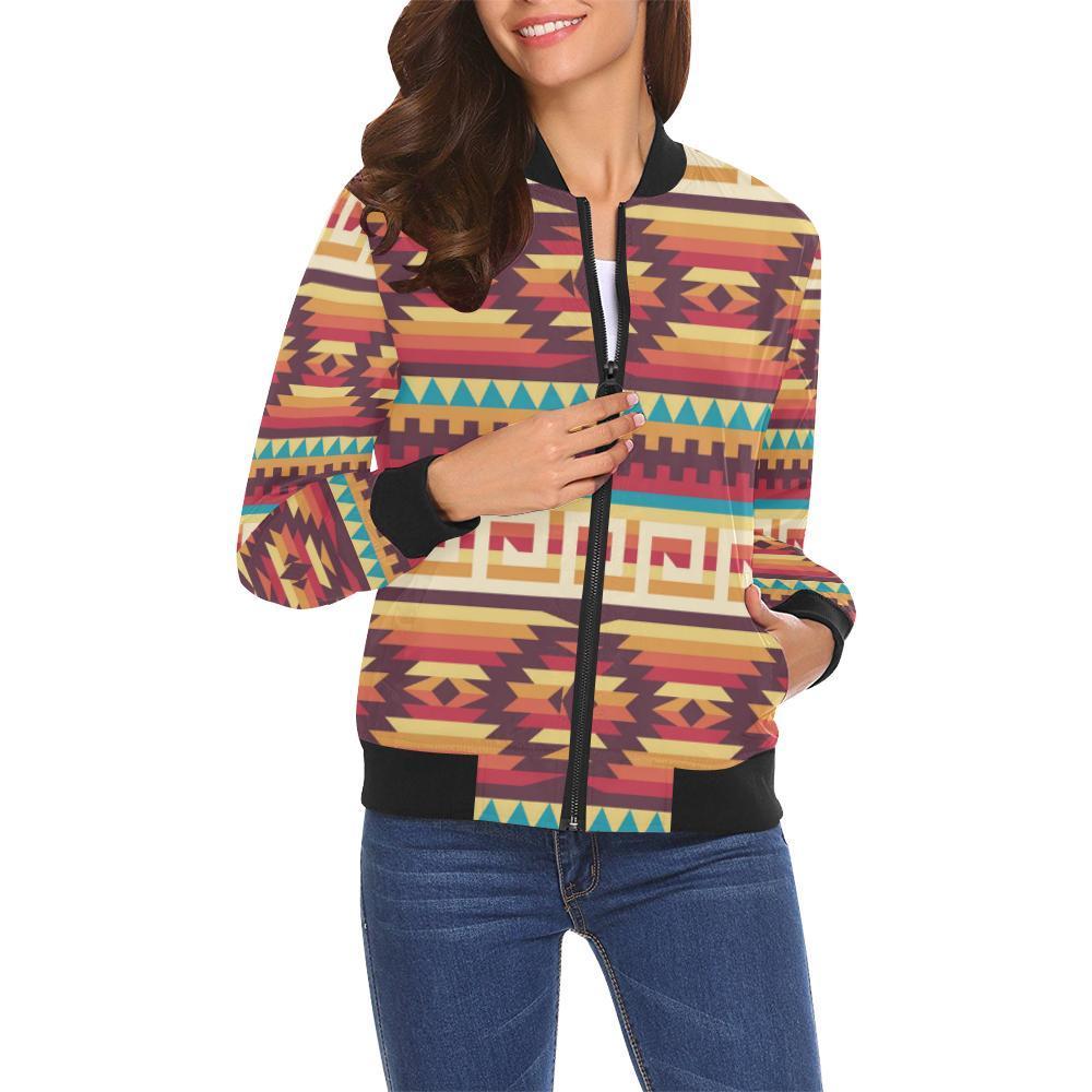 Aztec Native American Tribal Navajo Indians Print Women Casual Bomber Jacket-grizzshop