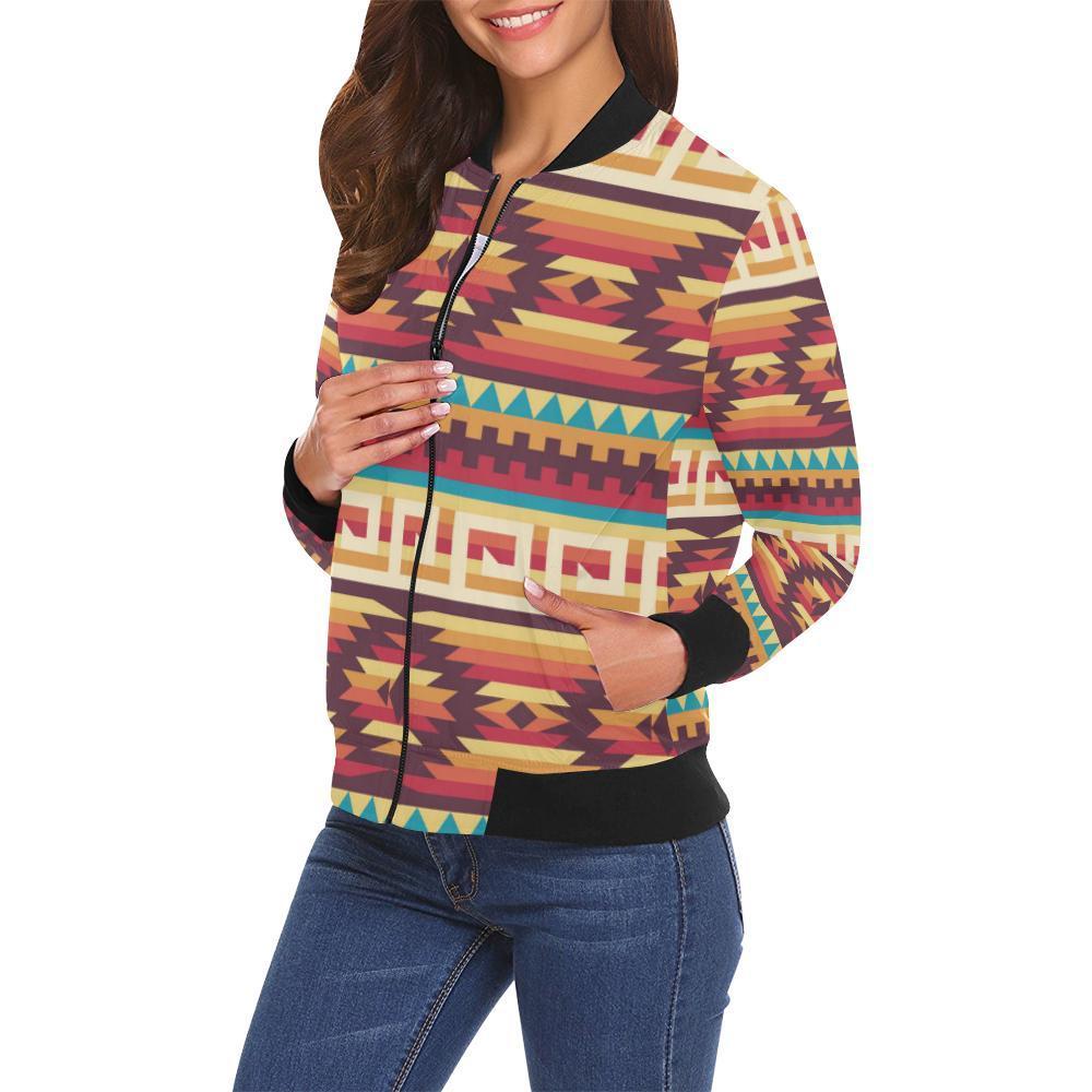 Aztec Native American Tribal Navajo Indians Print Women Casual Bomber Jacket-grizzshop